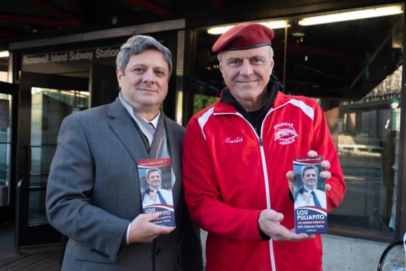 Lou Puliafito Challenges Rebecca Seawright in 76th Assembly District Lou Puliafito at Roosevelt Island Subway with Reform Party Chair Curtis Sliwa, founder of the Guardian Angels.